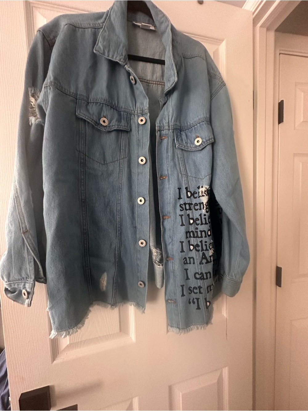 Ashley Stewart Light Blue Distressed Denim Jacket with Script Print
